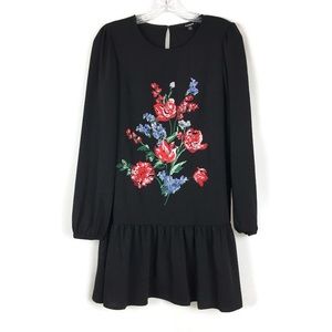 Express Black Floral Embroidered Drop Waist Dress